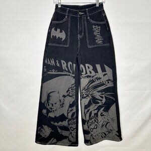 Romwe Uni-Sex Jeans Sm Black Denim Batman & Robbin Graphic Wide Leg High Waist